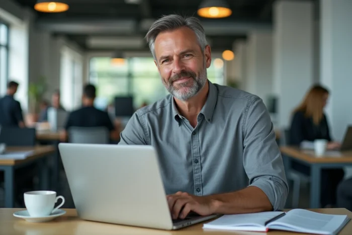 Homme envoyant un email de contact à Cetelem depuis son poste de travail en open space