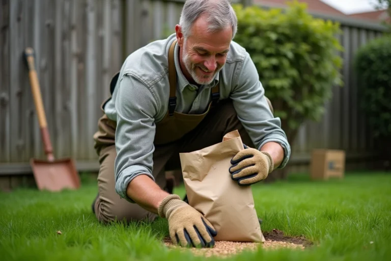 Homme épandant un engrais organique granulaire sur une pelouse verte dans un jardin de banlieue