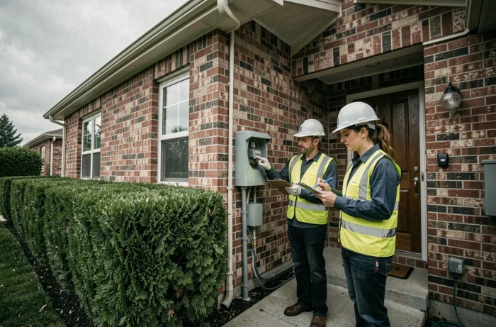 Deux électriciens professionnels évaluant un compteur électrique extérieur sur une maison résidentielle