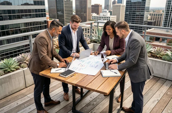Équipe de professionnels collaborant autour d'un plan d'action sur mesure sur une terrasse de bureau en milieu urbain