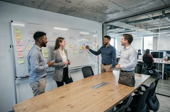 Équipe de professionnels en séance de stratégie illustrant les opportunités offertes par une société internationale