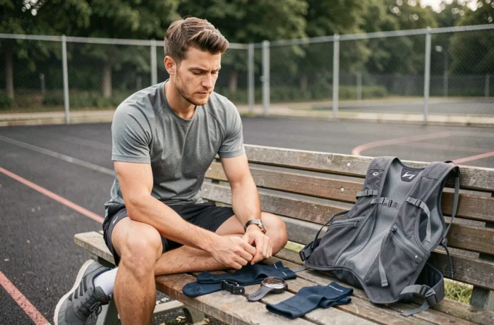 Sportif préparant son équipement de course à pied sur un banc près d'une piste d'athlétisme