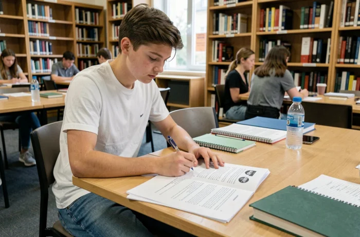 Étudiant en bibliothèque révisant les questions de vérification du permis de conduire sur un document PDF imprimé