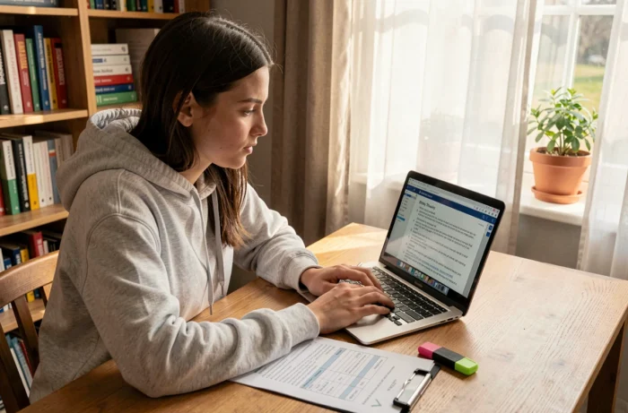 Jeune femme étudiant les questions de vérification du permis de conduire sur un ordinateur portable avec un PDF ouvert