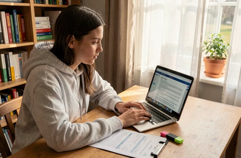 Jeune femme étudiant les questions de vérification du permis de conduire sur un ordinateur portable avec un PDF ouvert