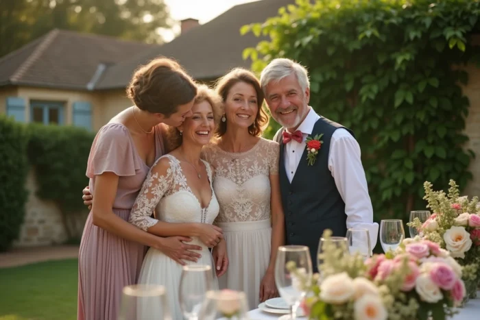 Famille multigénérationnelle réunie avec joie après un mariage dans un jardin de campagne française