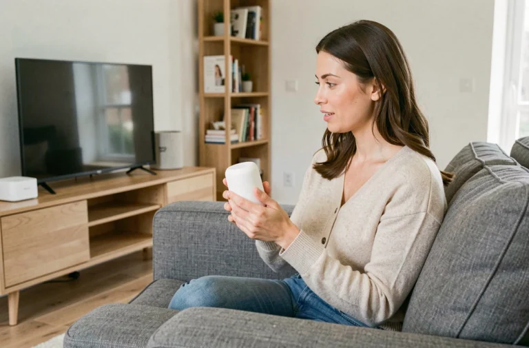 Femme utilisant un assistant vocal Google pour configurer sa Freebox Pop dans un salon moderne