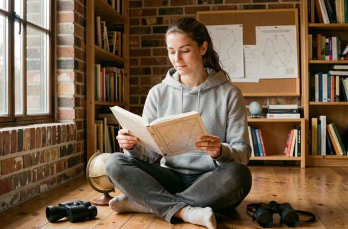 Femme passionnée d'astronomie étudiant des cartes stellaires dans un espace de travail cosy