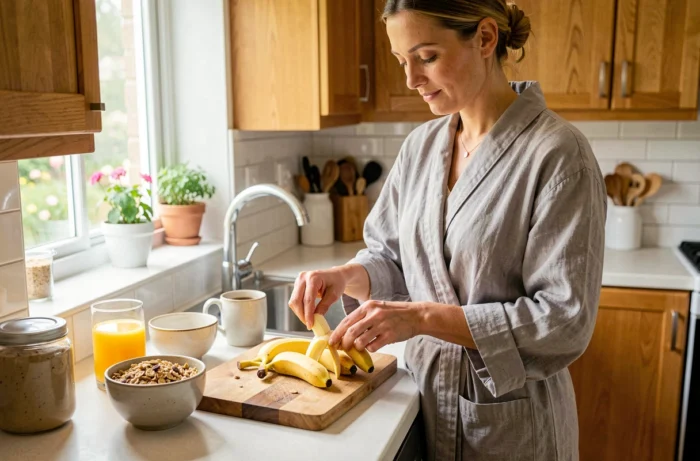 Femme préparant une banane au petit déjeuner dans une cuisine moderne avec granola et café