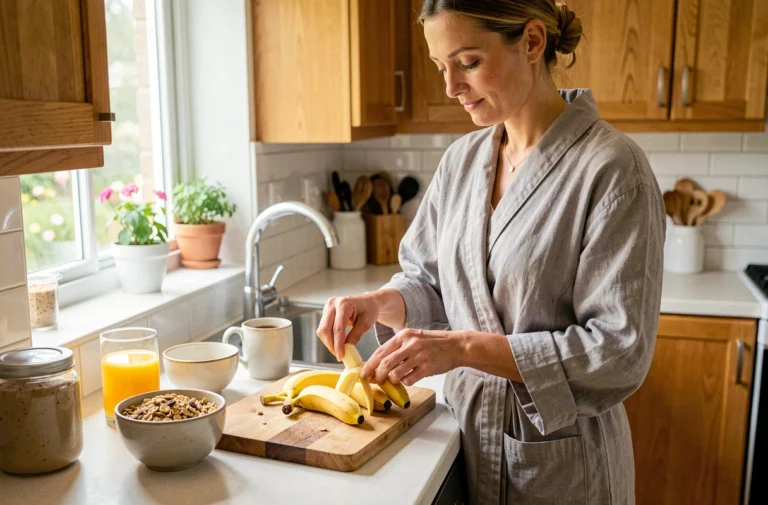 Femme préparant une banane au petit déjeuner dans une cuisine moderne avec granola et café