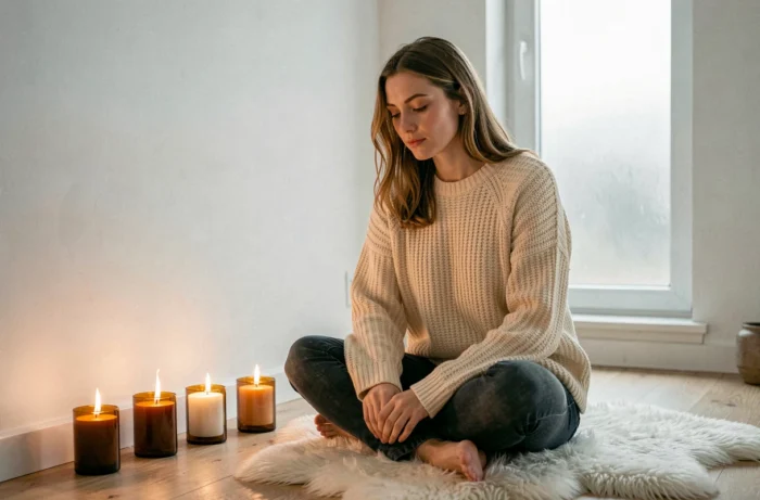 Jeune femme en pull en laine assise près de trois bougies allumées dans des photophores en verre ambré, ambiance zen et bien-être