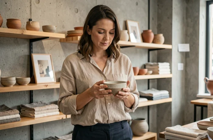 Femme admirant un bol en céramique artisanale dans une boutique de décoration intérieure aux murs en béton et étagères en bois