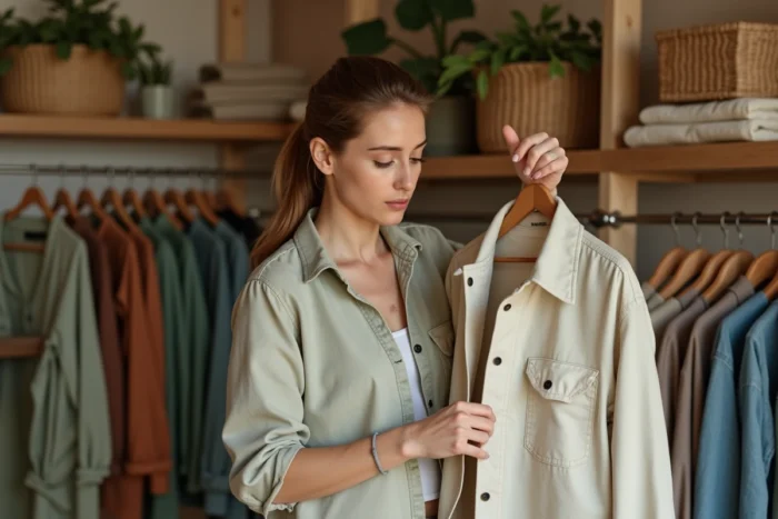 Femme explorant une veste en lin dans une boutique de mode durable avec des étagères en bois et des vêtements écologiques