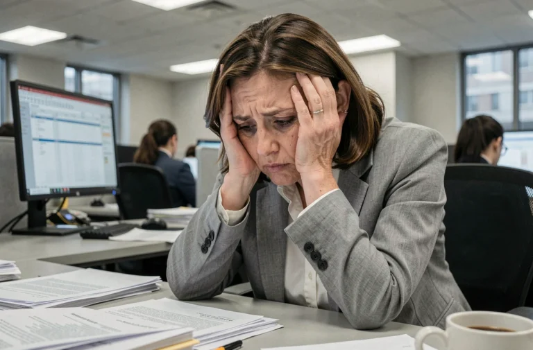 Femme épuisée en situation de burn out à son bureau avec expression de détresse et papiers éparpillés