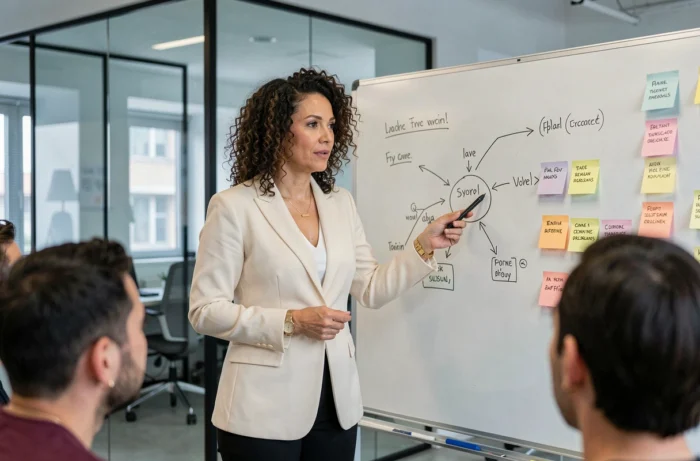 Femme cheffe d'entreprise présentant une stratégie à son équipe dans un bureau de startup moderne
