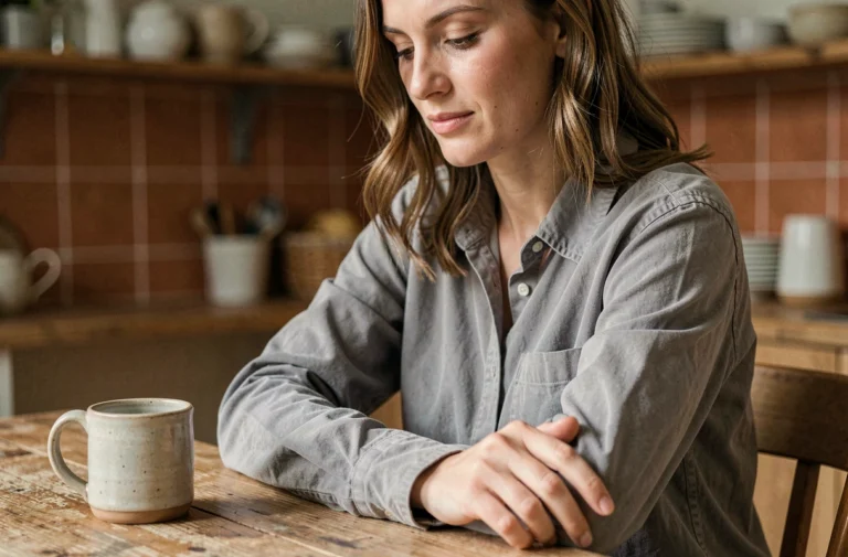 Femme portant une chemise en flanelle grise et touchant le tissu dans une cuisine rustique chaleureuse