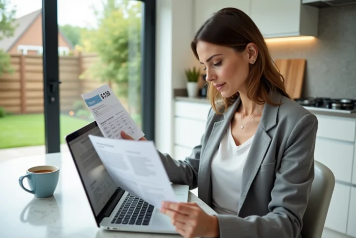 Femme consultant un devis de coût pour une extension de maison sur ordinateur portable