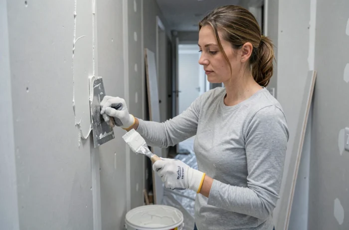 Femme appliquant de l'enduit de jointoiement sur une cloison sèche dans un couloir en rénovation