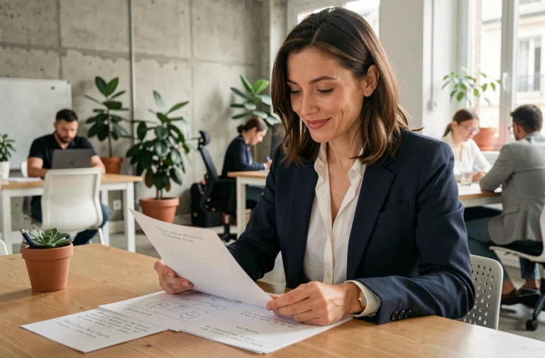 Femme entrepreneur française en blazer marine analysant un plan d'affaires dans un espace de co-working parisien moderne