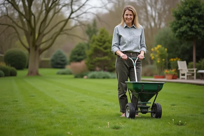 Femme utilisant un épandeur mécanique pour distribuer un engrais organique naturel sur une grande pelouse de jardin au printemps
