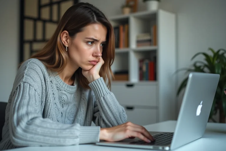 Femme frustrée devant un écran d'ordinateur affichant une erreur de messagerie IONOS dans un bureau à domicile moderne