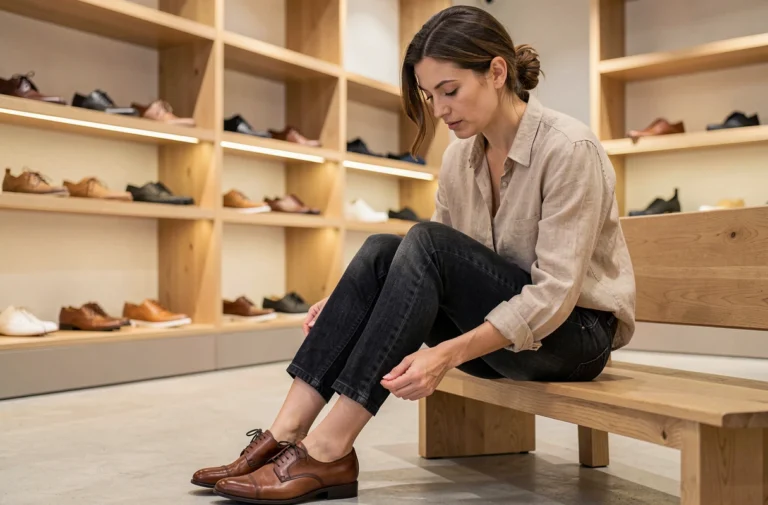 Femme essayant des chaussures en cuir dans une boutique parisienne moderne, illustration des tailles populaires en France