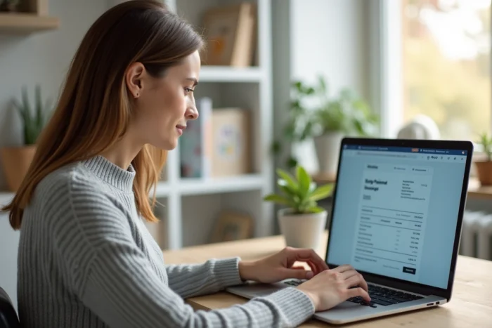 Femme consultant une facture Carrefour en ligne sur un ordinateur portable dans un bureau à domicile