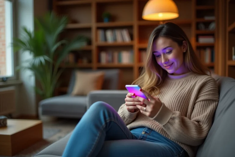 Femme jouant à un jeu de puzzle coloré sur smartphone dans un salon cosy, concentrée sur les niveaux du jeu