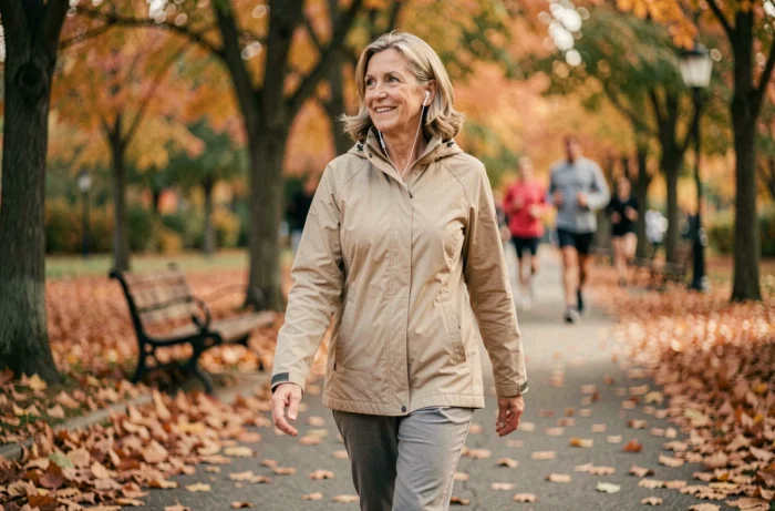 Femme mature marchant dans un parc en automne pour maintenir une bonne santé physique et mentale au quotidien