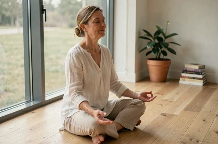 Femme en méditation profonde dans un intérieur minimaliste, illustrant l'élévation spirituelle et le passage à la cinquième dimension