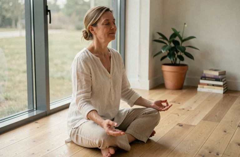 Femme en méditation profonde dans un intérieur minimaliste, illustrant l'élévation spirituelle et le passage à la cinquième dimension