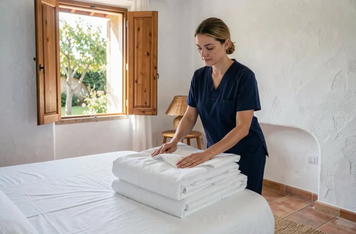 Femme de ménage pliant du linge de lit propre dans une chambre lumineuse d'une résidence à Nîmes