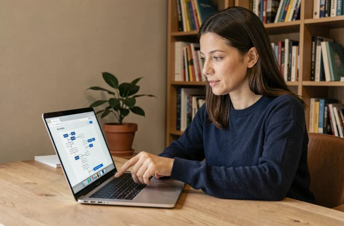 Femme naviguant sur un site web avec un plan de site affiché sur un ordinateur portable dans un bureau à domicile