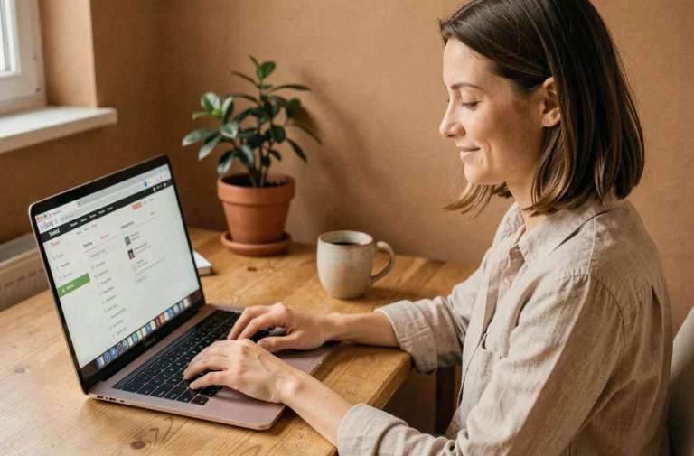 Femme naviguant sur le plan du site d'une boutique de mode sur un ordinateur portable dans un bureau à domicile
