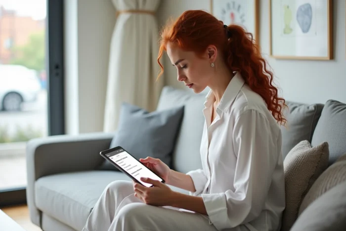Jeune femme consultant facilement le plan de navigation d'un site web sur une tablette depuis son salon minimaliste