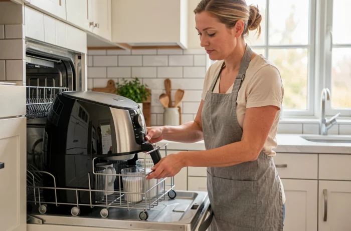 Femme plaçant le panier d'une friteuse en acier inoxydable dans un lave-vaisselle ouvert dans une cuisine moderne