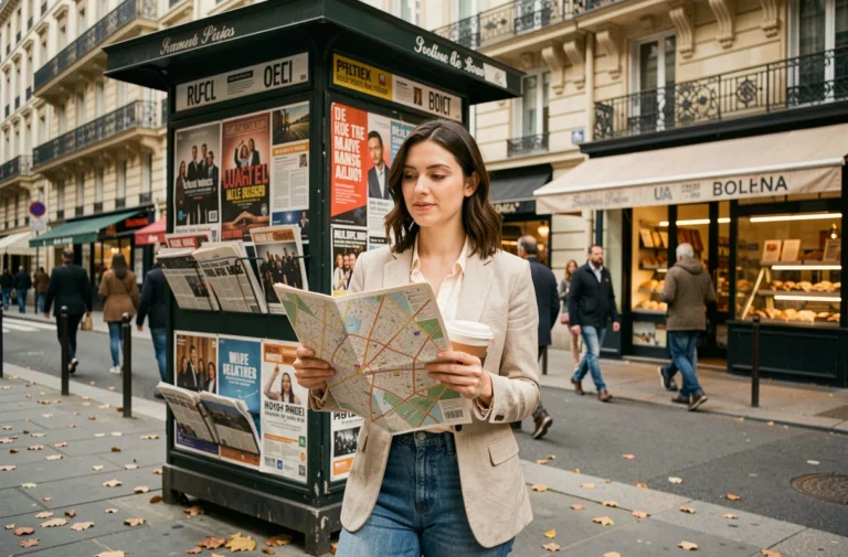 Femme consultant un plan de Paris devant un kiosque à journaux avec des façades haussmanniennes en arrière-plan