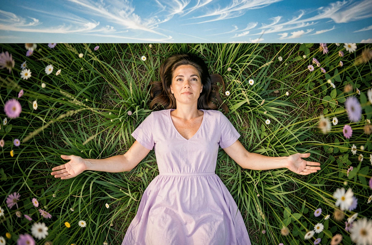 Femme allongée dans une prairie fleurie vue du dessus, paumes ouvertes vers le ciel, évoquant la connexion spirituelle et la conscience 5D