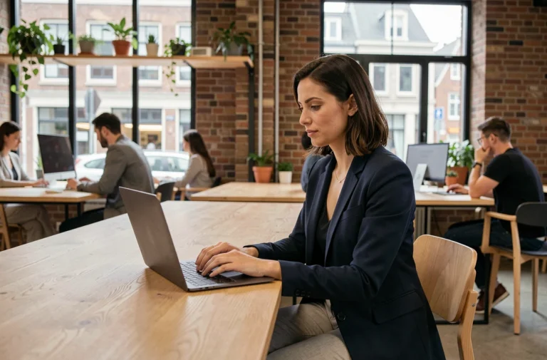 Femme professionnelle travaillant dans un espace de coworking moderne à Bruxelles avec des bureaux en bois et une ambiance collaborative
