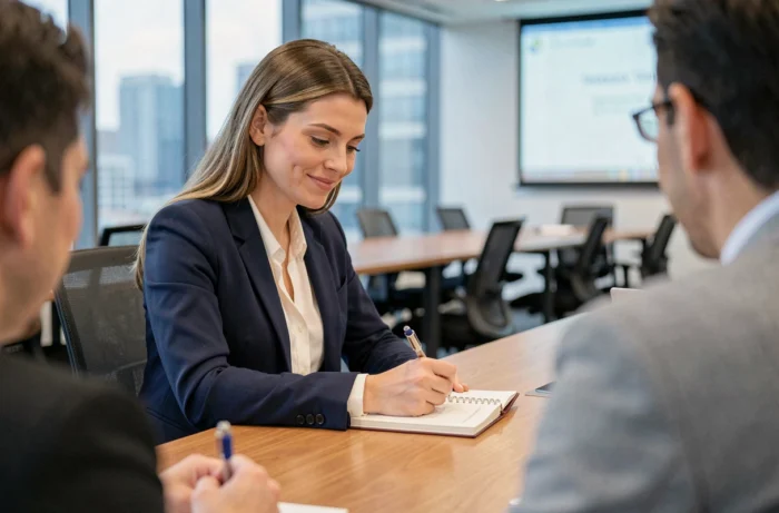 Femme professionnelle en formation business dans une salle de conférence moderne, prenant des notes avec concentration