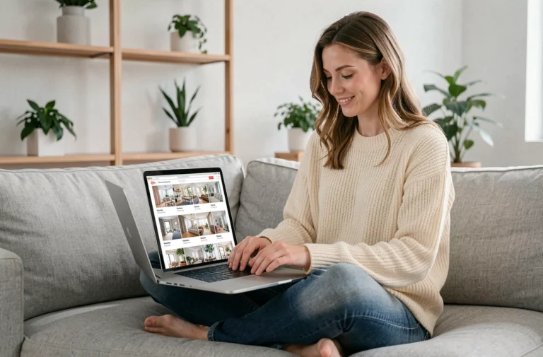 Femme cherchant un logement à louer sur un site d'annonces immobilières en ligne depuis son canapé