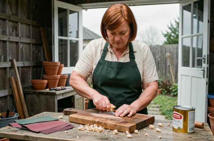 Femme ponçant une planche à découper en bois sur un établi dans un atelier de jardin, dans une démarche de recyclage et de rénovation écologique