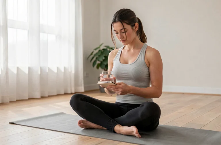 Femme en tenue de sport pratiquant la pleine conscience et hydratation quotidienne dans un appartement minimaliste