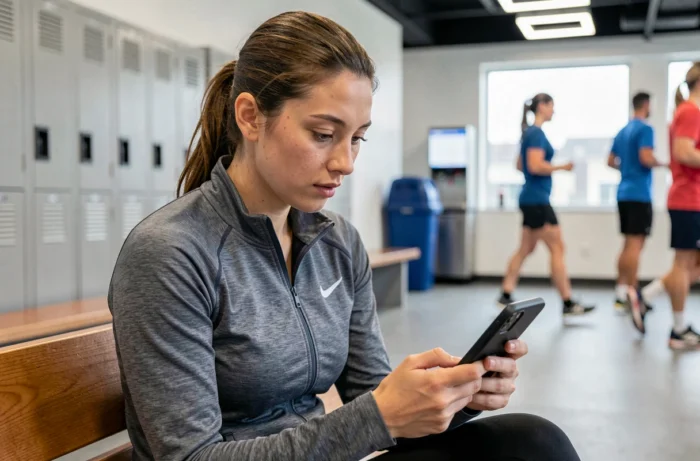 Jeune femme sportive consultant l'actualité des sports sur son smartphone dans un vestiaire moderne