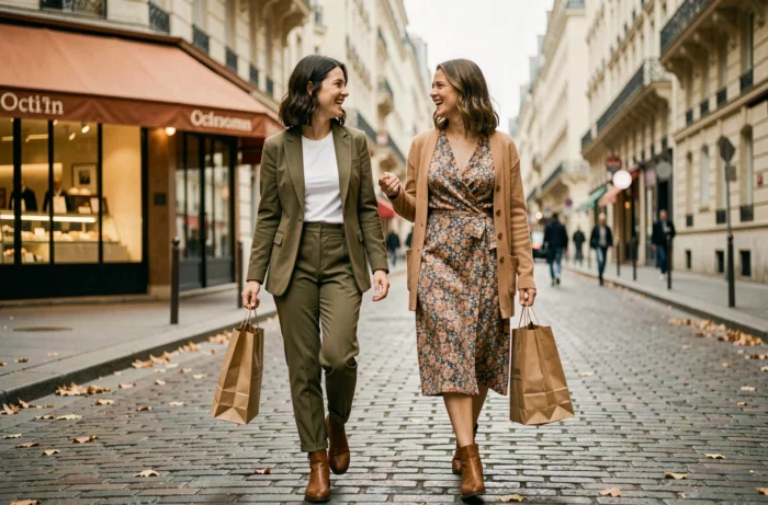 Deux femmes élégantes en tenues tendance marchant dans une rue pavée de Paris avec des sacs de shopping