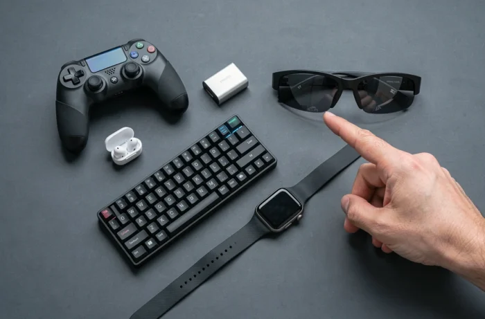 Flat-lay des derniers gadgets high-tech tendance incluant manette gaming, écouteurs sans fil et lunettes de réalité augmentée sur fond sombre