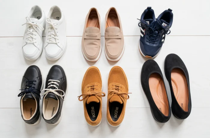 Flat-lay de cinq paires de chaussures adultes aux tailles les plus portées en France, disposées sur fond blanc