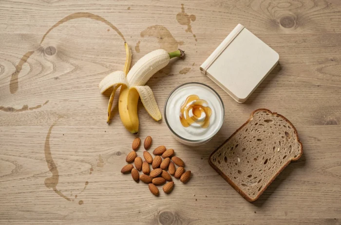 Flat-lay d'un petit déjeuner équilibré avec banane, yaourt, amandes et toast sur table en bois