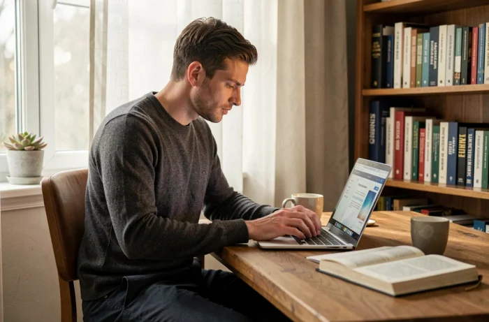 Jeune professionnel suivant une formation en business en ligne depuis son bureau à domicile avec un ordinateur portable