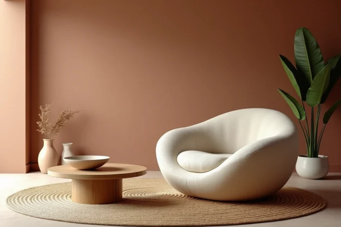 Fauteuil aux formes organiques et silhouette incurvée en laine naturelle non teinte posé sur un tapis en jute dans un salon contemporain aux murs en argile